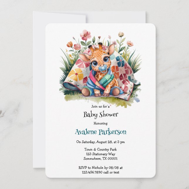 Invitation Petite girafe Pacifique et Baby shower de couvertu (Devant)