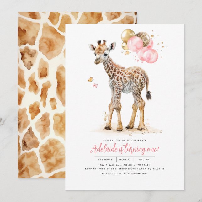 Invitation Petite girafe rose et Brown fille anniversaire (Devant / Derrière)