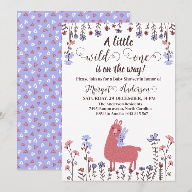 Invitation Petite lama Bunny Baby shower sauvage un (Devant / Derrière)