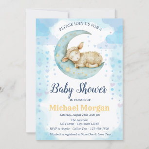 Invitation Petite lune de mouton Coeurs Baby shower bleu