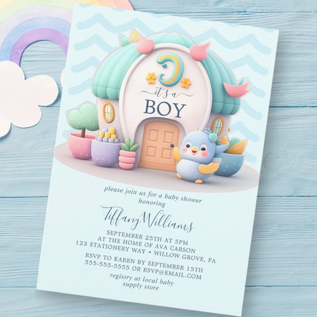 Invitation Petite maison avec Baby shower de garçon dragon (Créateur téléchargé)