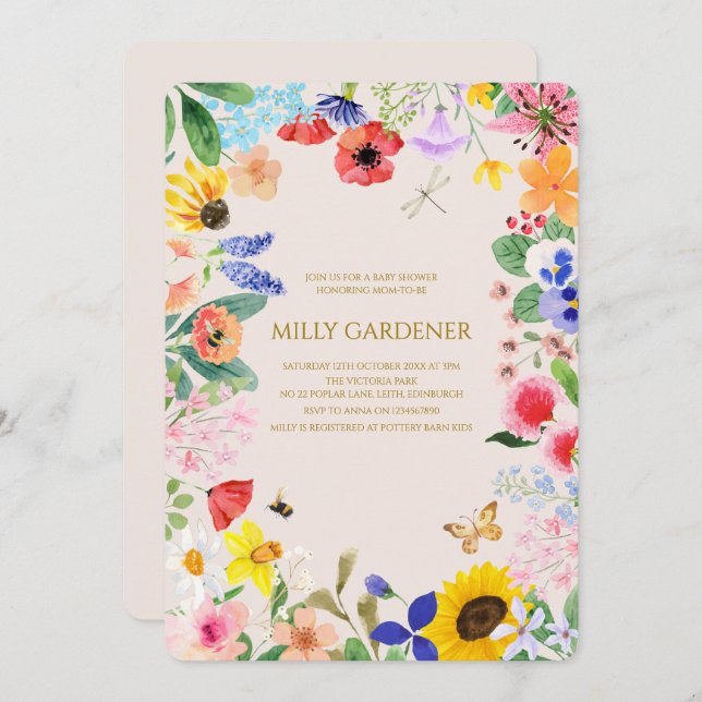Invitation Petite maman fleur sauvage à Bee Baby shower (Devant / Derrière)