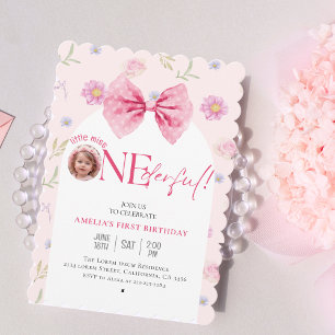 Invitation Petite miss fleurie Pink Bow Onederful 1er anniver