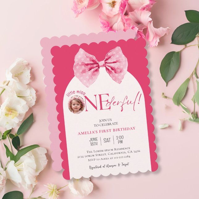 Invitation Petite miss fleurie Pink Bow Onederful 1er anniver (Créateur téléchargé)