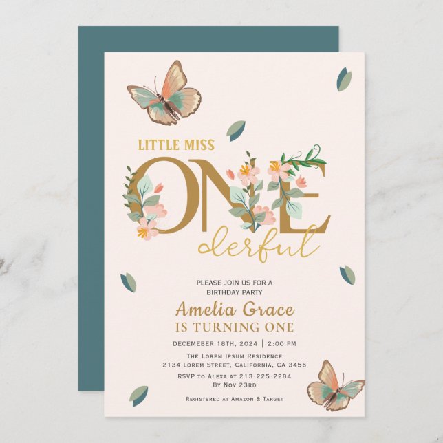 Invitation Petite miss onderful pêche floral 1er anniversaire (Devant / Derrière)