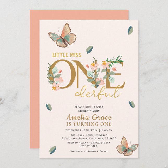 Invitation Petite miss onderful pêche floral 1er anniversaire (Devant / Derrière)