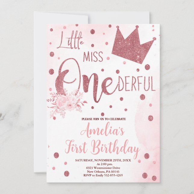 Invitation Petite Miss Onederful Anniversaire, 1er anniversai (Devant)