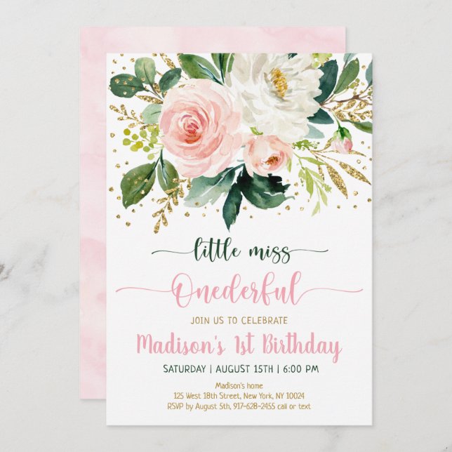 Invitation Petite Miss Onedering Boho Floral Anniversaire (Devant / Derrière)