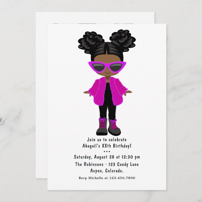 Invitation Petite mode Black Girl Party Photo (Devant / Derrière)