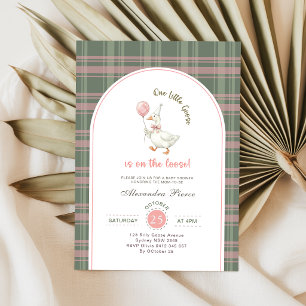 Invitation Petite Oie Nœud Rose à Carreaux Baby Shower
