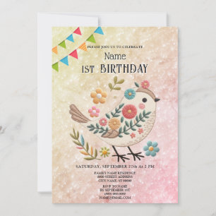 Invitation Petite Oiseau Fleurs Feuilles rose fête d'annivers