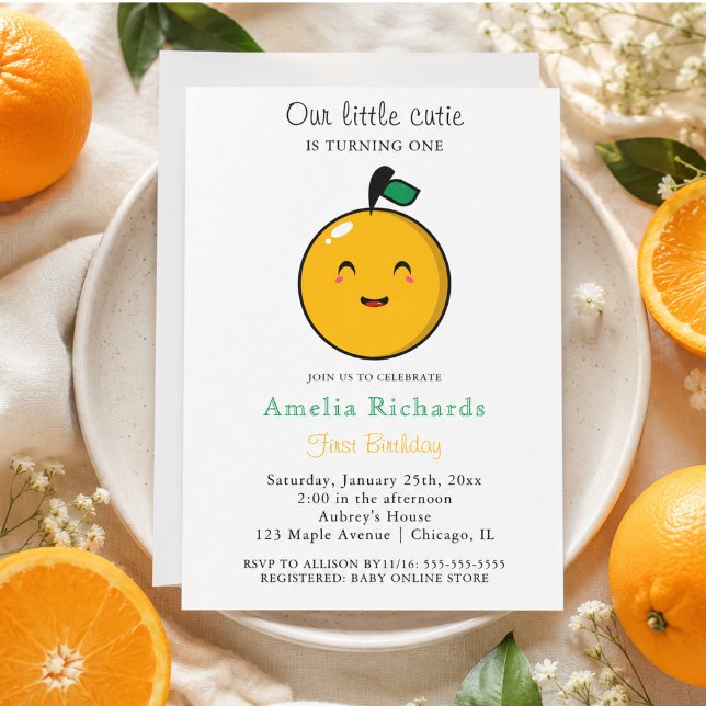 Invitation Petite Orange Mignonne Citronnée 1er Anniversaire (Little Cutie Orange Citrus 1st Birthday Invitation)