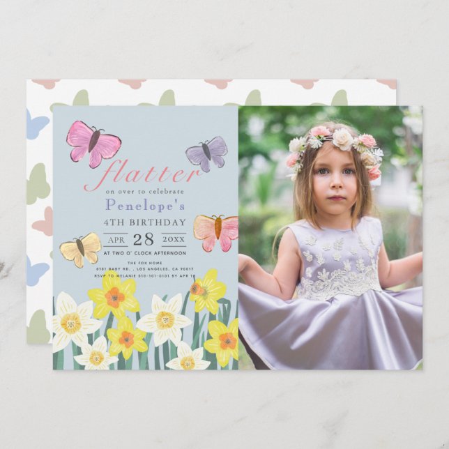 Invitation Petite papillon Daffodil Girl Birthday Photo (Devant / Derrière)