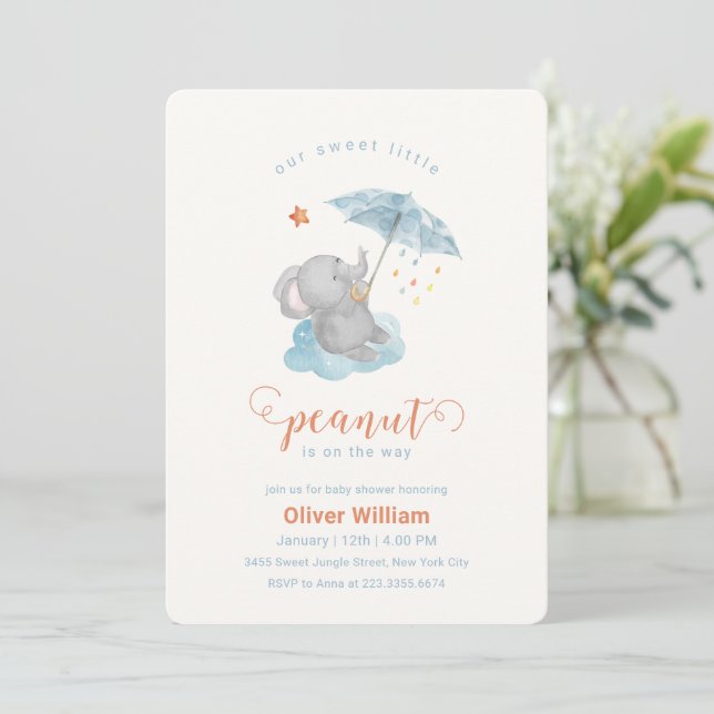 Invitation Petite parapluie bleu éléphant bébé shower  (Debout devant)