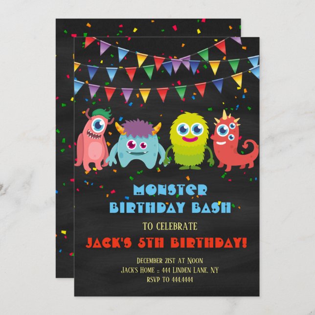 Invitation Petite partie d'anniversaire de enfant de monstre (Devant / Derrière)
