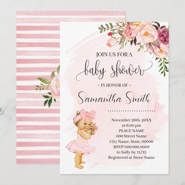 Invitation Petite petite fille Baby shower de fleurs roses (Devant / Derrière)
