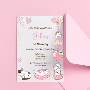 Invitation Petite petite fille chatte 1er anniversaire