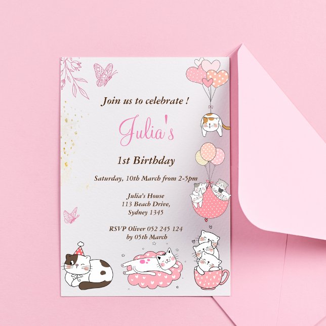 Invitation Petite petite fille chatte 1er anniversaire (Créateur téléchargé)