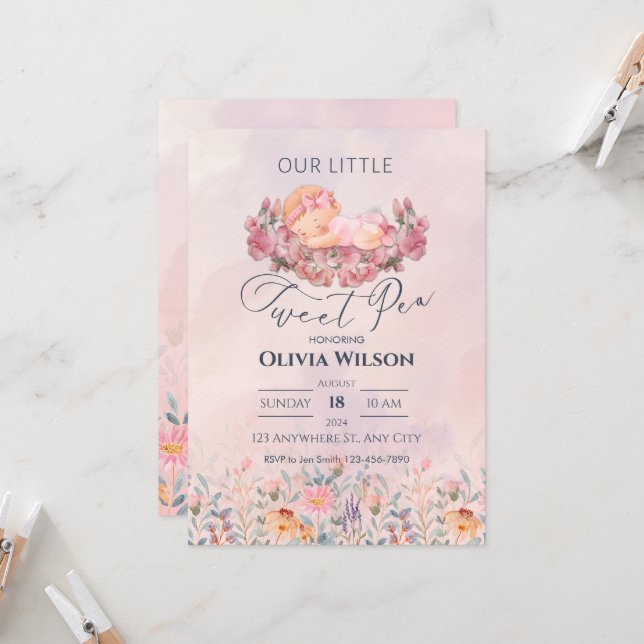 Invitation Petite pois doux | Baby shower de fleurs roses mig (Devant/Arrière en situation)