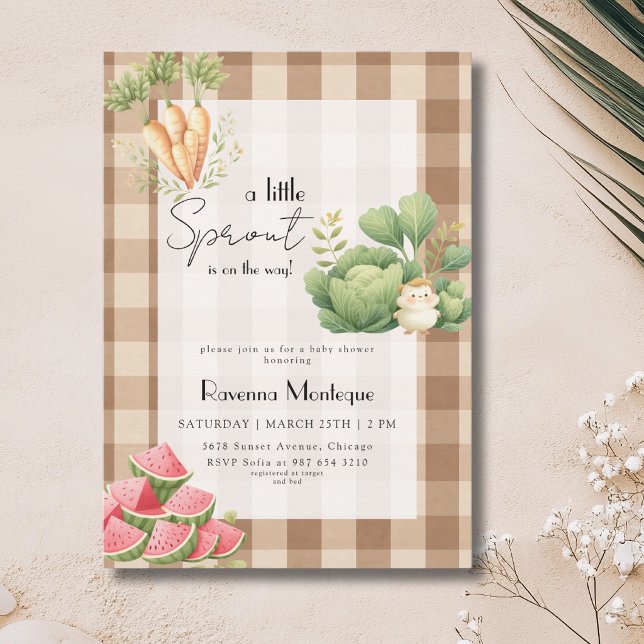 Invitation Petite pousse Baby Shower Gingham Brun Végétal (Créateur téléchargé)