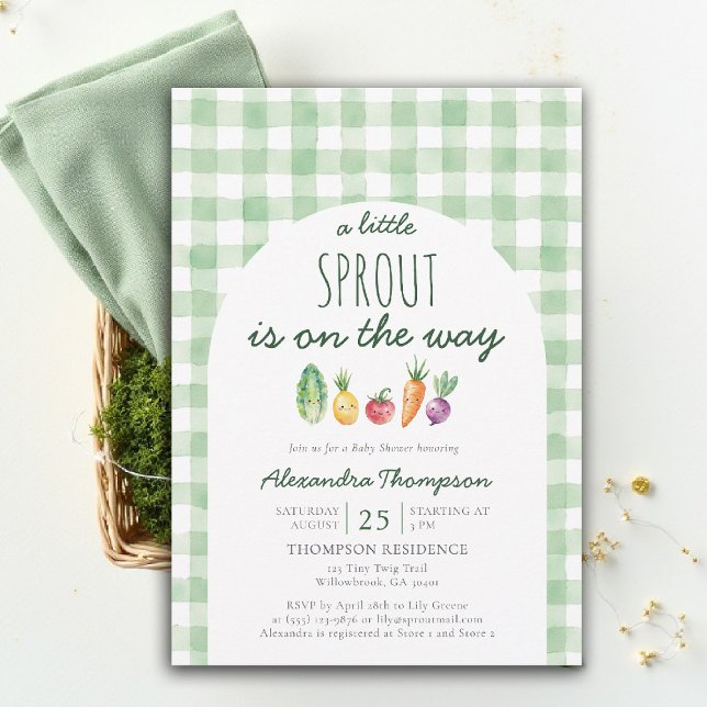 Invitation Petite Pousse Douce Production Fête de Naissance A (little sprout baby shower invitation locally grown produce watercolor cute characters green gingham)