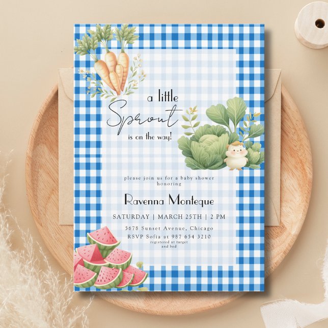 Invitation Petite pousse gingham bleu Baby Shower mignon (Créateur téléchargé)