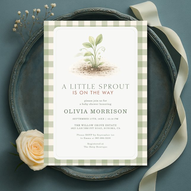 Invitation Petite pousse Gingham Vert Sauge Baby Shower (Créateur téléchargé)