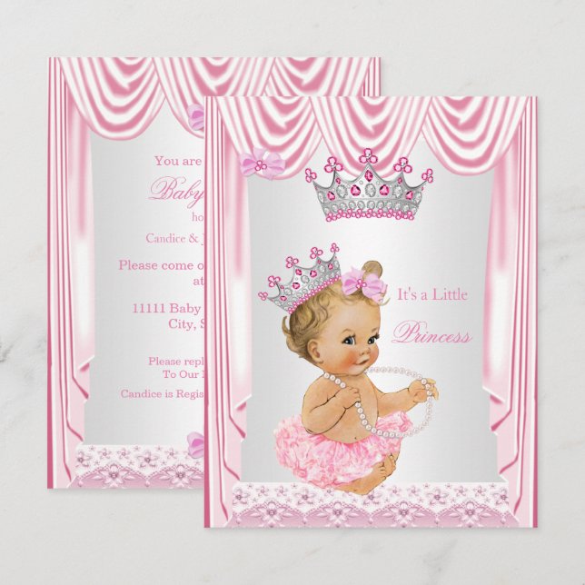 Invitation Petite princesse Baby shower fille Blonde rose (Devant / Derrière)