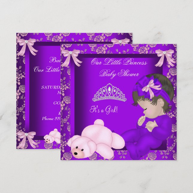 Invitation Petite Princesse Baby Shower Fille Damassé Violet (Devant / Derrière)