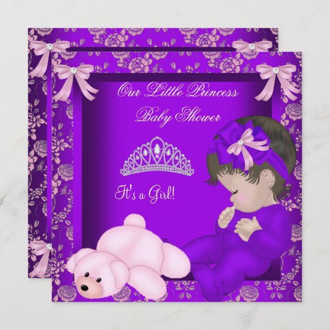 Invitation Petite princesse Baby shower fille pourpre Damas (Devant / Derrière)
