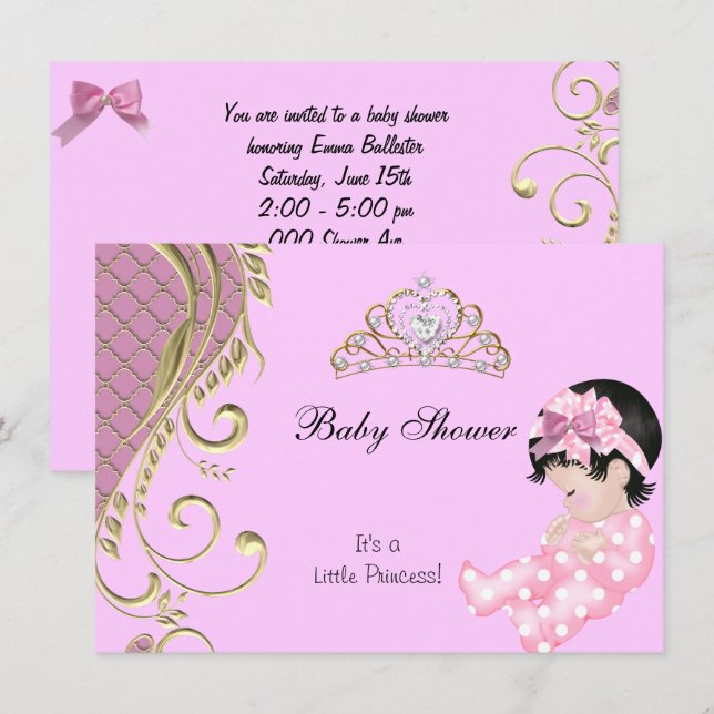 Invitation Petite princesse Baby shower fille rose blanc or 3 (Devant / Derrière)