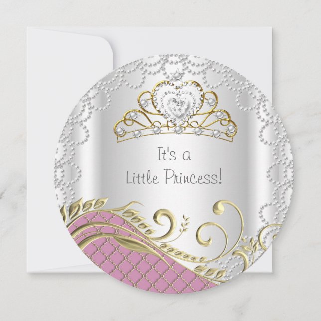 Invitation Petite Princesse Baby Shower Fille Rose Perle Or (Devant)