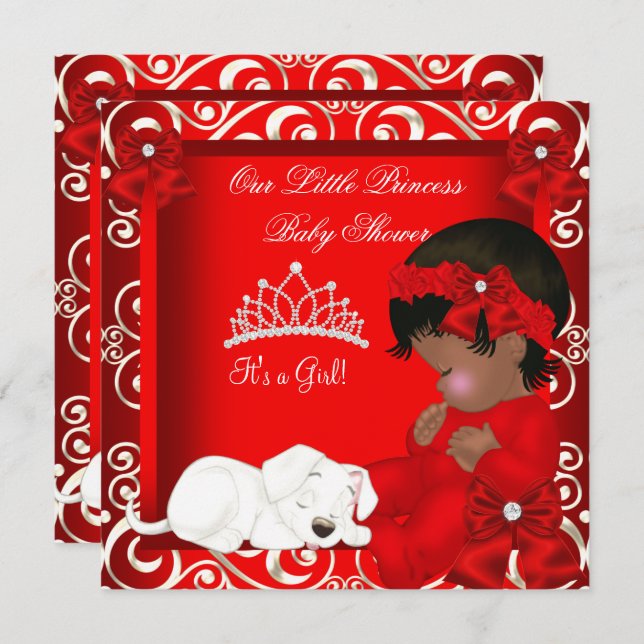 Invitation Petite princesse Baby shower fille rouge Damas (Devant / Derrière)