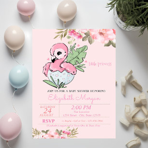 Invitation Petite Princesse, Baby Shower Floral Flamant Rose 