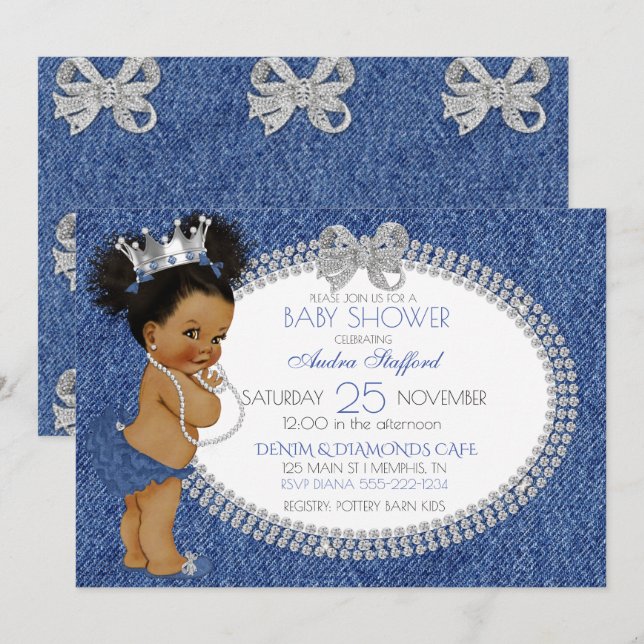 Invitation Petite Princesse Bébé Fille Denim & Diamants Nœuds (Devant / Derrière)