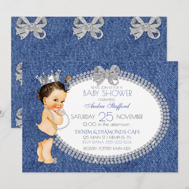 Invitation Petite Princesse Bébé Fille Denim & Diamants Nœuds (Devant / Derrière)