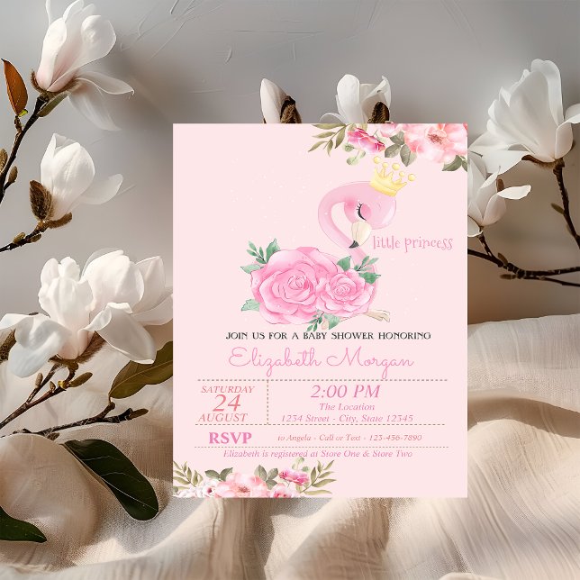 Invitation Petite Princesse, Bébé Flamant Rose Fête de Naissa (Créateur téléchargé)