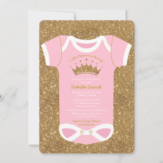 Invitation Petite Princesse Bébé rose et douche d'or Invitati (Devant)
