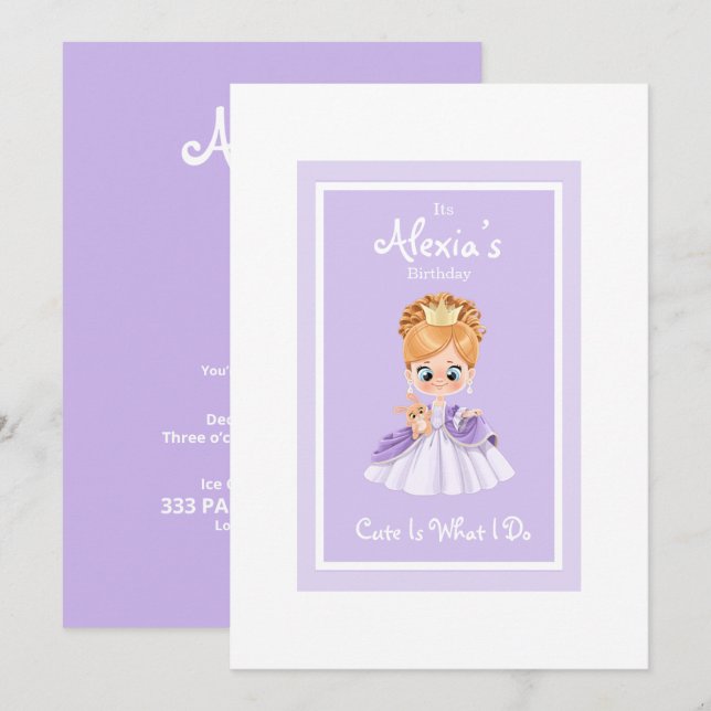 Invitation Petite princesse blanche et violette anniversaire  (Devant / Derrière)