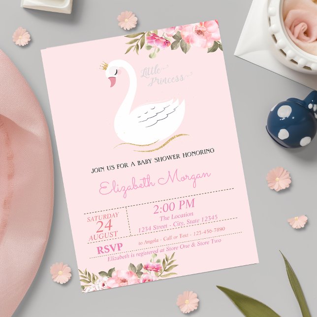Invitation Petite princesse, cygne, Baby shower Floral (Créateur téléchargé)