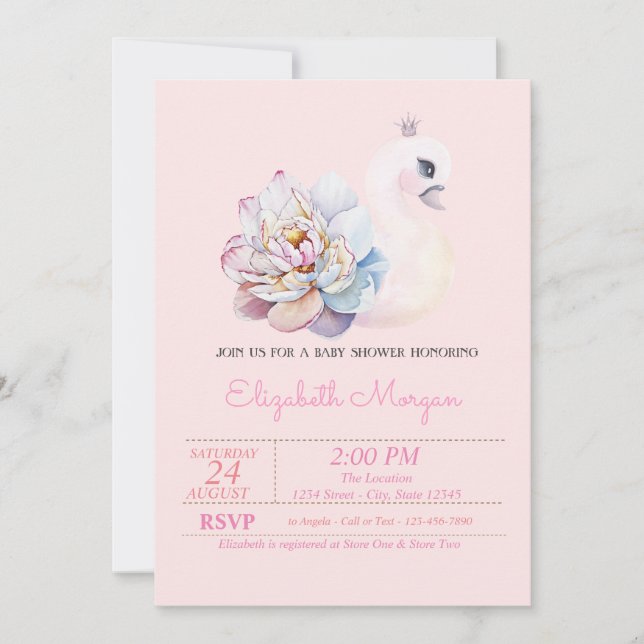 Invitation Petite princesse, cygne, Baby shower rose floral (Devant)