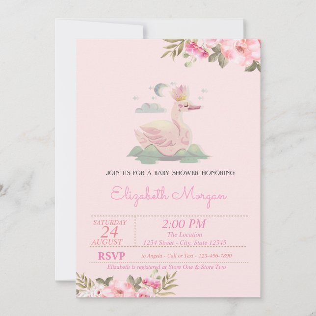 Invitation Petite princesse, Cygne, Couronne, Baby shower Flo (Devant)