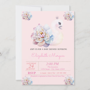 Invitation Petite Princesse, Cygne, Fleurs Rose Baby Shower