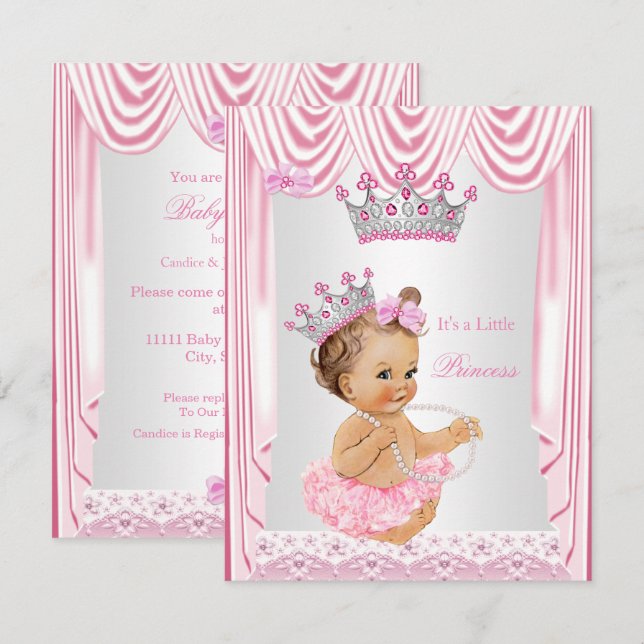 Invitation Petite Princesse Fille Baby Shower Rose Brunette (Devant / Derrière)