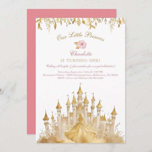 Invitation Petite princesse rose et or 1er anniversaire (Devant / Derrière)