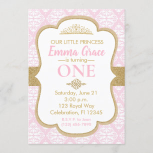 Invitation Petite princesse rose et or Premier anniversaire
