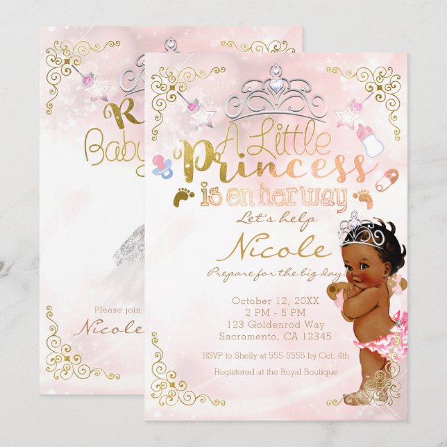 Invitation Petite Princesse Rose Ethnique Salle de Bain Bébé  (Devant / Derrière)