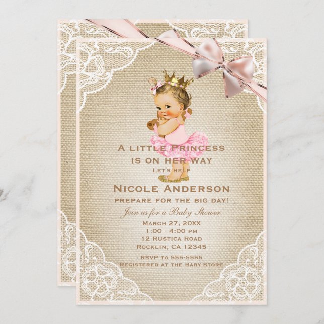 Invitation Petite princesse Vintage bébé fille Douche rustiqu (Devant / Derrière)