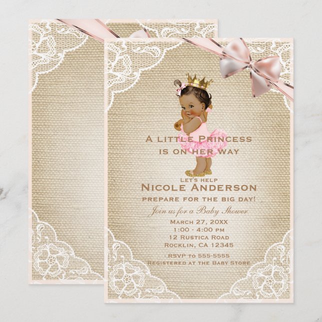 Invitation Petite Princesse Vintage Bébé Fille Rustique Showe (Devant / Derrière)