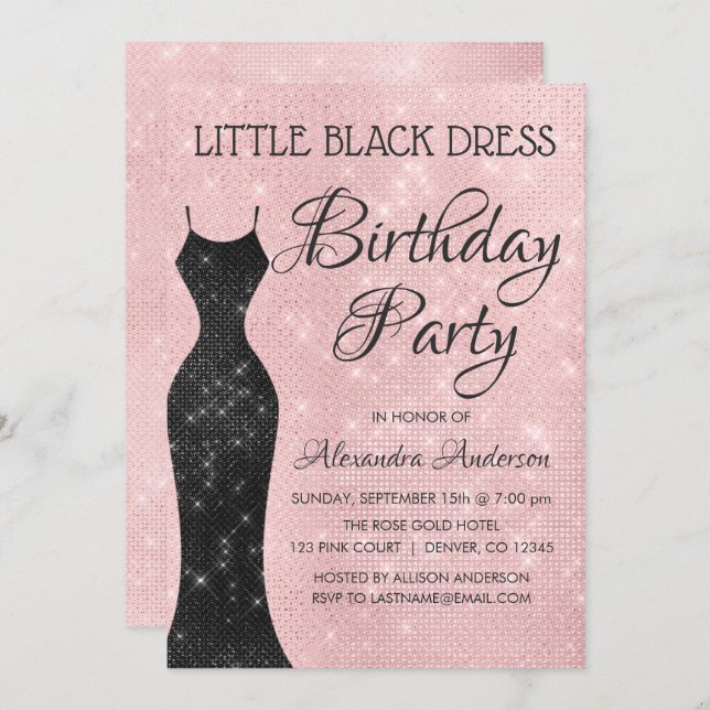 Invitation Petite robe noire Blush rose fête d'anniversaire (Devant / Derrière)